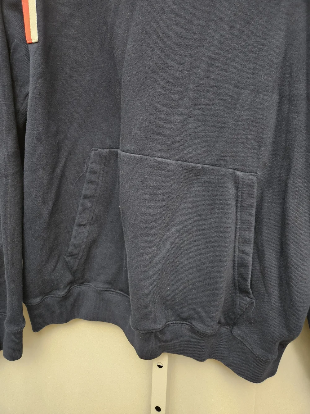 Lacoste Navy Pullover Hoodie with Red and White Shoulder Stripes
